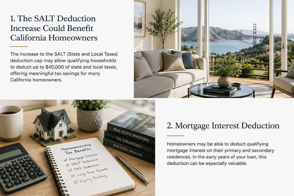 Luxury California home interior overlooking the Golden Gate Bridge with educational graphics explaining SALT deduction increases, mortgage interest deductions, and homeowner tax benefits for Marin County and San Francisco Bay Area homeowners.