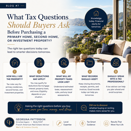 Infographic explaining the key tax questions buyers should ask before purchasing a primary home, second home, or investment property in California. The design features a luxury Marin County home overlooking the San Francisco Bay and highlights topics including property use, tax deductions, property taxes, recordkeeping, and consulting a tax professional before buying.