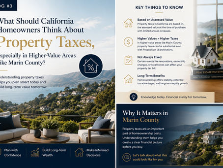 Luxury Marin County real estate infographic explaining California property taxes, Proposition 13 protections, assessed home values, and long-term homeownership costs in higher-value Bay Area markets.