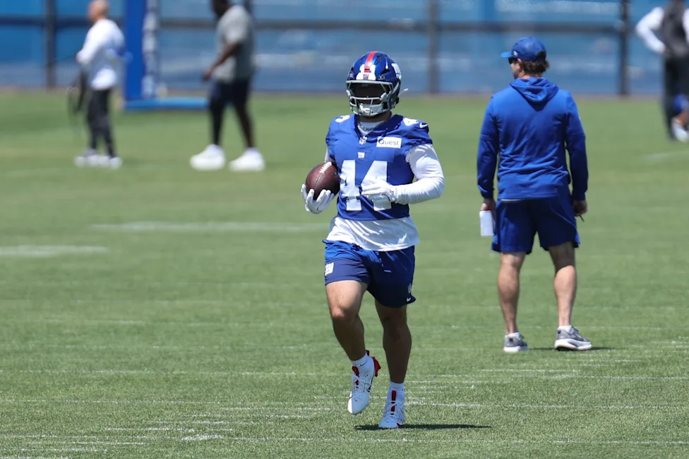 Cam Skattebo actively running at Giants' camp.