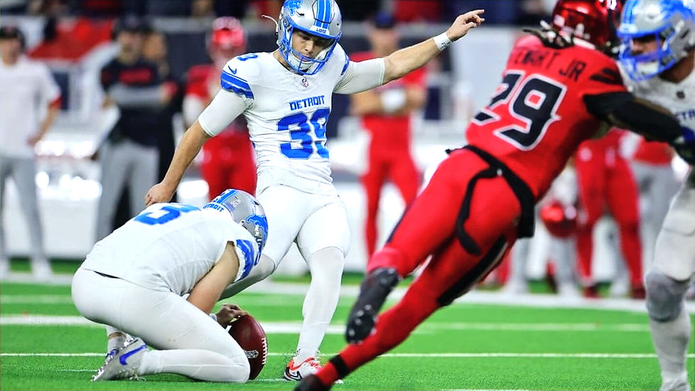 Detroit Lions kicker Jake Bates kicking the game winning walk-off field goal vs the Houston Texans