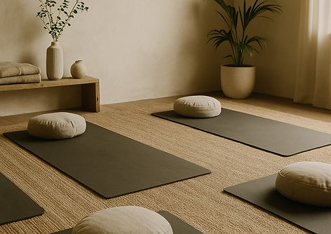 Šviesi meditacijos erdvė su pagalvėlėmis ir augalais