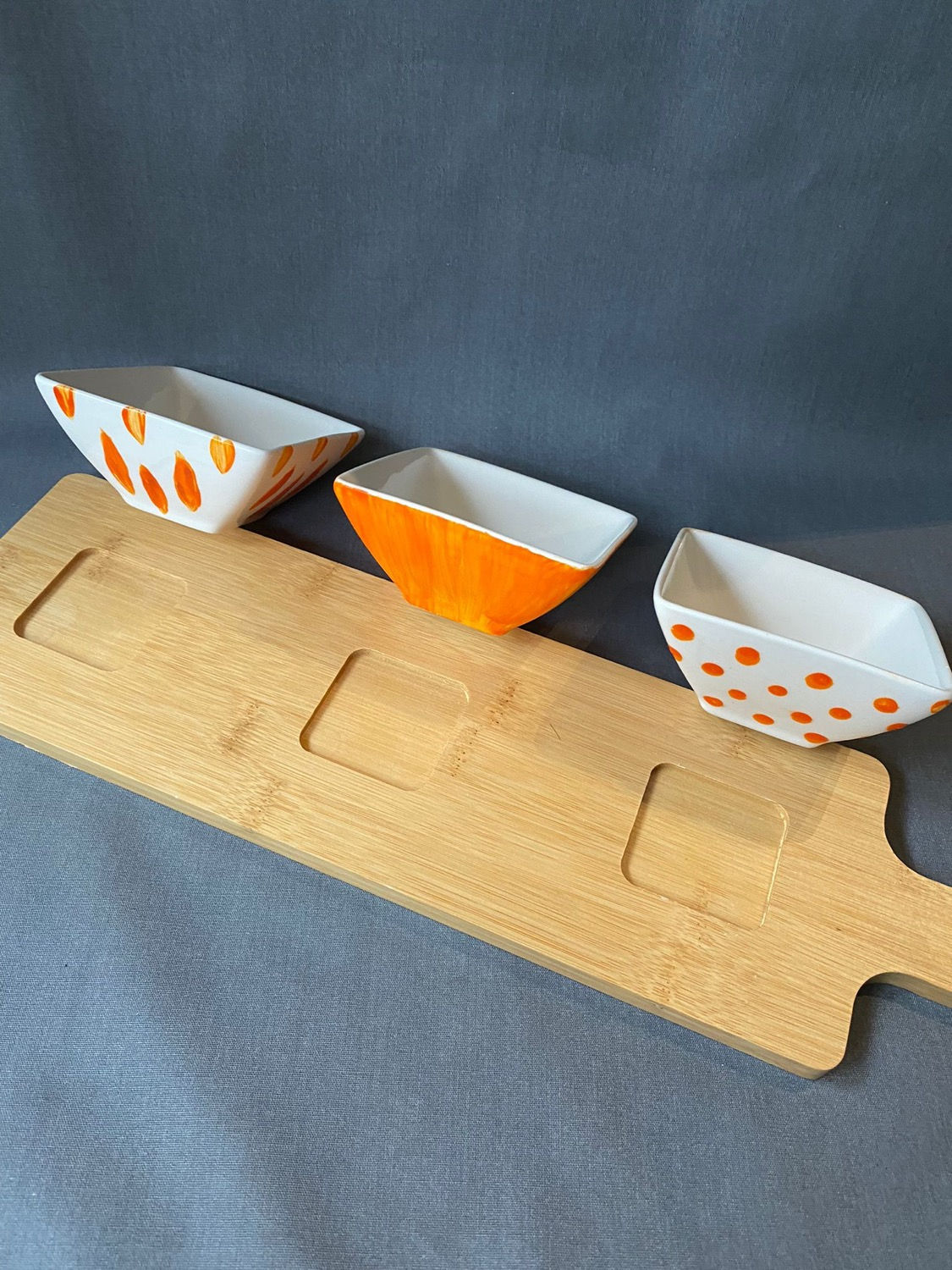 Hand Painted Square Dip Bowls on a Bamboo Platter 