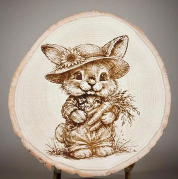 Cottagecore Engraved Wood Slice Bunny Art
