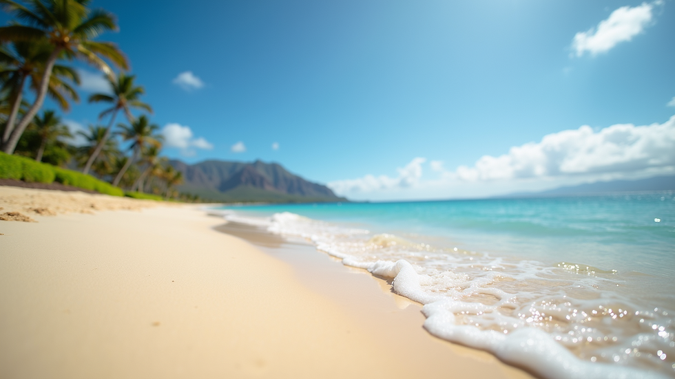 Eye-level view of white sandy beach with calm blue waters at Kaanapali Beach