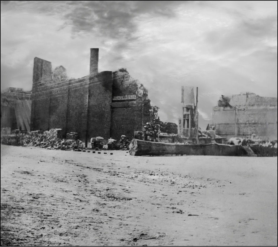 The ruins of Spencer Brothers Company located on the southeast corner of Main and Market Streets, one of the few buildings on Water Street that was heavily insured.