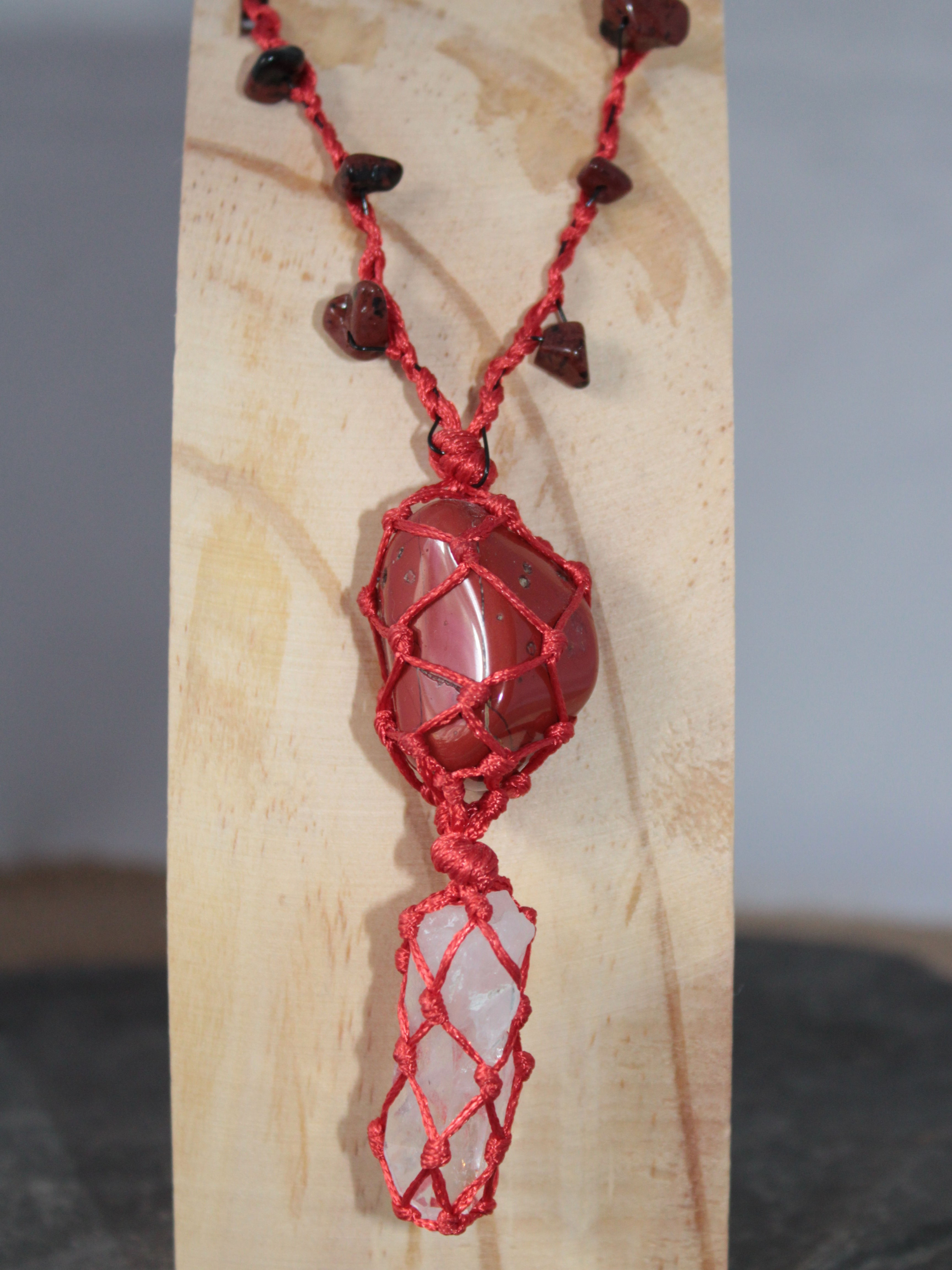 Red Jasper and Mahogany Obsidian, Quartz Point Macrame Necklace 