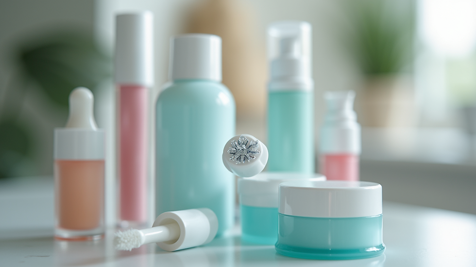 Eye-level view of various lash care products arranged neatly