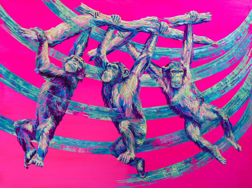 Original pink chimpanzee art by Hannah Shergold