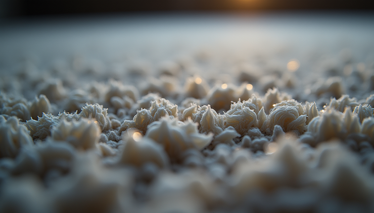 Close-up view of carpet fibers showing moisture trapped between them