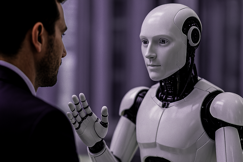 Robô humanoide interagindo com um homem em um ambiente corporativo, com expressão serena e mão levantada em gesto comunicativo.