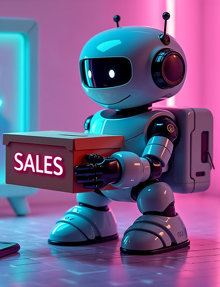 Robô simpático segurando uma caixa com a palavra 'SALES', em um ambiente futurista com iluminação neon, ao lado de um gráfico de crescimento em linha rosa, simbolizando aumento de vendas impulsionado por tecnologia.