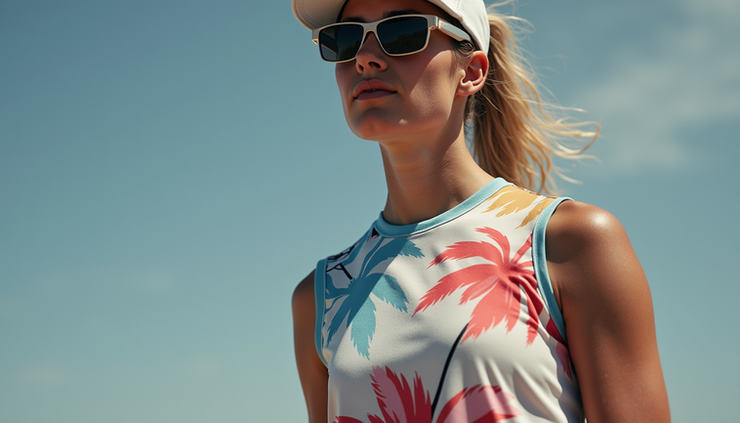 Eye-level view of sublimation printed polyester sportswear with bright colors