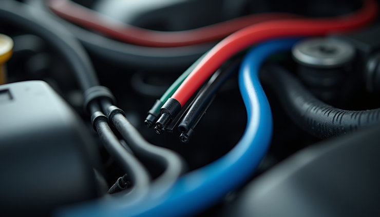 Close-up view of heat shrink tubing applied on automotive wiring harness