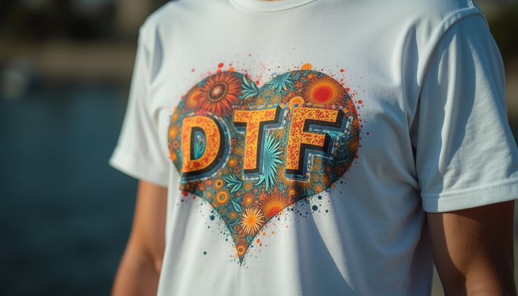 Close-up view of a colorful DTF printed t-shirt showing detailed design