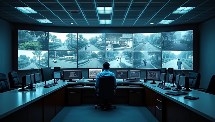 High angle view of a control room with multiple smart CCTV monitors showing different locations in Punjab