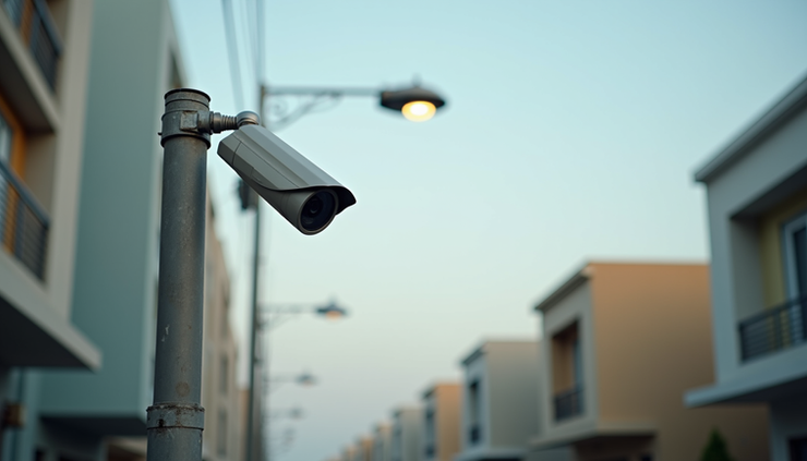 Eye-level view of a smart CCTV camera mounted on a streetlight in a Punjab neighborhood