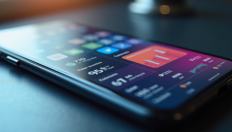 Close-up view of a smartphone displaying a colorful app dashboard