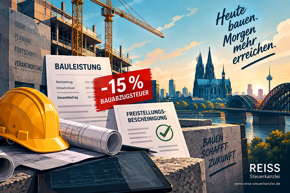 Illustrative Szene einer Baustelle in einer deutschen Großstadt mit Kran, Bauhelm, Bauplänen und Unterlagen zur Bauabzugsteuer. Im Mittelpunkt stehen die Hinweise **„-15 % Bauabzugsteuer“** und **„Freistellungsbescheinigung“**. Im Hintergrund sind markante Stadtarchitektur und eine Brücke zu sehen. Unten rechts steht REISS Steuerkanzlei