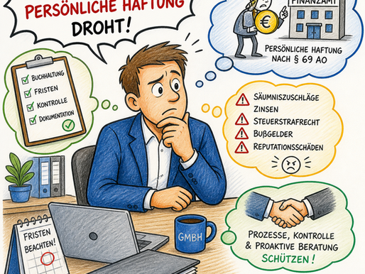 Buntstiftzeichnung im Comic-Stil: Ein gestresster Geschäftsführer sitzt am Schreibtisch vor einem Stapel Unterlagen und Steuerformularen, während über ihm ein großes rotes Warnsymbol mit Ausrufezeichen schwebt. Neben ihm steht eine Figur in Form eines Finanzamts-Beamten, die streng wirkt. Im Hintergrund sind angedeutete Diagramme und eine GmbH-Beschriftung zu sehen. Die Szene ist farbenfroh, mit kräftigen Buntstiftlinien und leicht überzeichneten Figuren. Unten rechts steht der Schriftzug „REISS Steuerkanzlei“.