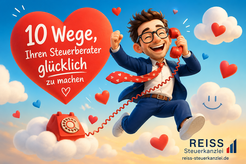 Fröhliche Illustration eines lachenden Steuerberaters in blauem Anzug, der mit einem roten Schnurtelefon durch Wolken hüpft, umgeben von roten Herzen. Links steht der Titel „10 Wege, Ihren Steuerberater glücklich zu machen“, unten rechts das Logo von REISS Steuerkanzlei mit der Website reiss-steuerkanzlei.de.