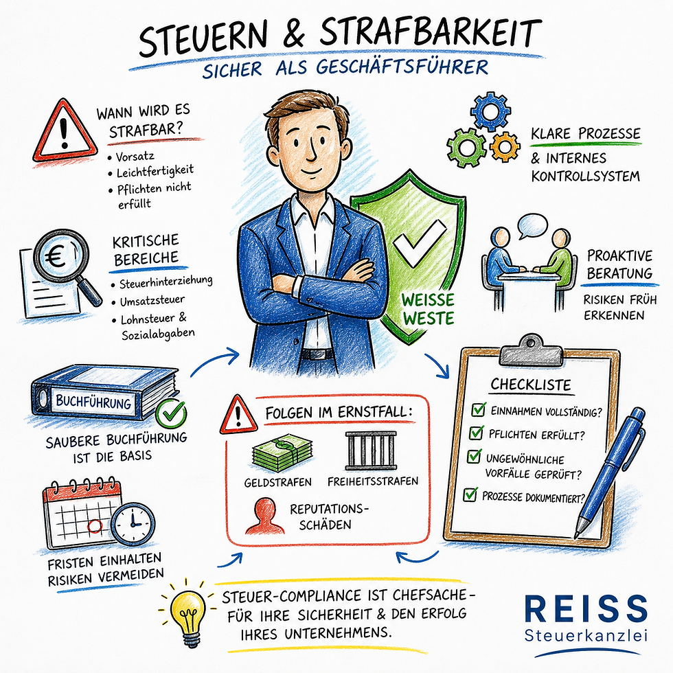 Farbenfrohe Buntstiftzeichnung im Sketchnote-Stil zum Thema „Steuern & Strafbarkeit für Geschäftsführer“. In der Mitte steht ein selbstbewusster Geschäftsführer mit verschränkten Armen vor einem grünen Schild mit Häkchen („weiße Weste“). Rundherum sind visuelle Elemente verteilt: Warnsymbol mit Hinweisen zu Vorsatz und Leichtfertigkeit, Liste kritischer Bereiche wie Steuerhinterziehung, Umsatzsteuer und Lohnsteuer, Ordner für Buchführung, Kalender für Fristen sowie Zahnräder für interne Prozesse. Rechts eine Beratungsszene und eine Checkliste mit Punkten wie vollständige Einnahmen und dokumentierte Prozesse. Unten werden mögliche Folgen dargestellt (Geldstrafe, Freiheitsstrafe, Reputationsschaden). Farbige Pfeile und Icons verbinden die Inhalte. Unten rechts steht der Schriftzug „REISS Steuerkanzlei“.