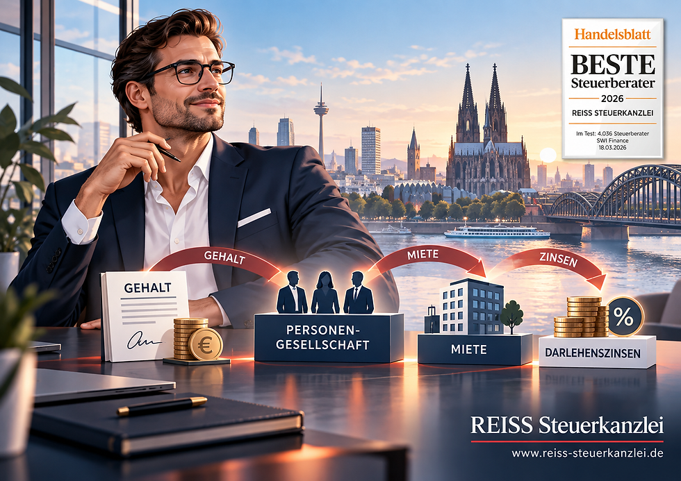 Illustration zu Sondervergütungen bei Personengesellschaften mit Gehalt, Miete und Darlehenszinsen vor Kölner Skyline, inklusive Auszeichnung Beste Steuerberater 2026.
