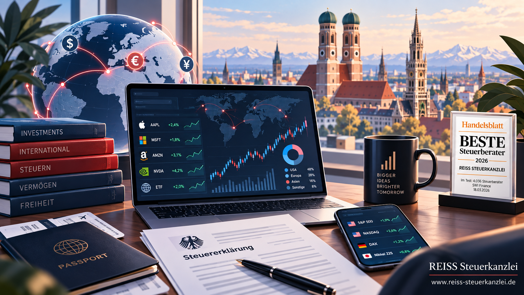 Illustrative Szene eines modernen Steuer- und Investment-Arbeitsplatzes mit Laptop, Smartphone und Unterlagen zur Steuererklärung. Im Hintergrund ist eine deutsche Stadt mit markanter Skyline zu sehen. Das Bild zeigt globales Investieren über einen ausländischen Broker mit Finanzgrafiken, Weltkugel und Währungssymbolen. Rechts ist die Auszeichnung „Beste Steuerberater 2026“ für die REISS Steuerkanzlei eingebunden, unten rechts steht das Branding der Kanzlei mit Website.