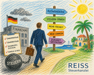 Bunte Wachsmal-Illustration eines Geschäftsmannes mit Koffer, der ein graues Finanzamt mit deutscher Flagge verlässt und einem Weg in eine sonnige, internationale Umgebung folgt, begleitet von Schildern zu Steuern sparen und neuen Chancen; unten rechts steht REISS Steuerkanzlei