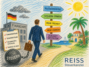 Bunte Wachsmal-Illustration eines Geschäftsmannes mit Koffer, der ein graues Finanzamt mit deutscher Flagge verlässt und einem Weg in eine sonnige, internationale Umgebung folgt, begleitet von Schildern zu Steuern sparen und neuen Chancen; unten rechts steht REISS Steuerkanzlei