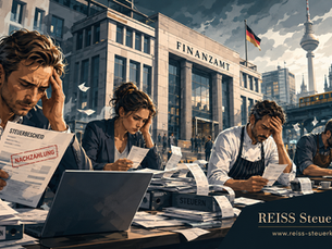 Illustration gestresster Geschäftsleute und Gastronomie-Unternehmer mit Steuerunterlagen, Rechnungen und Laptop vor einem Finanzamt in einer deutschen Großstadt; unten rechts steht REISS Steuerkanzlei mit www.reiss-steuerkanzlei.de.
