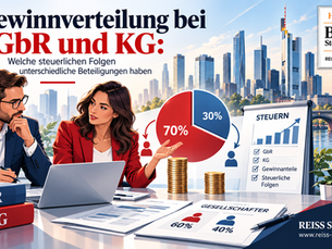 Illustration zur Gewinnverteilung bei GbR und KG mit unterschiedlichen Beteiligungsquoten, Steuerfolgen und Unternehmern vor moderner deutscher Stadtkulisse.