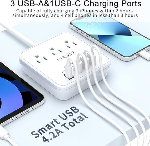 Thumbnail: NUOZHI ZN-703 6Ft Power Strip with 3 Outlets and 4 USB Ports