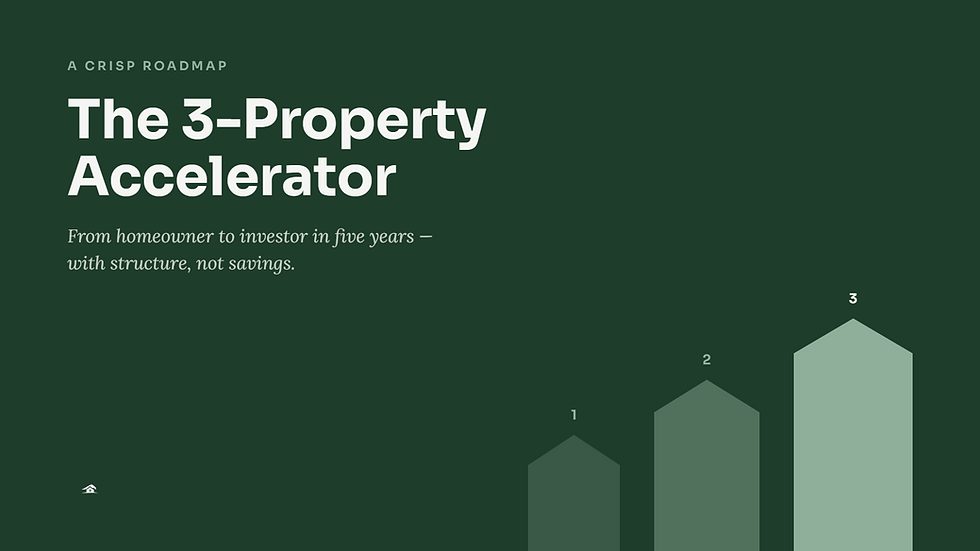 Dark green presentation slide titled The 3-Property Accelerator with a 1-2-3 house growth chart and subtitle about becoming an investor