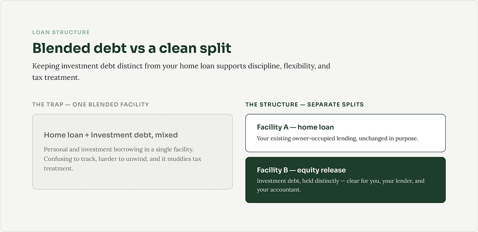 Infographic comparing blended debt vs clean split, with green and white panels labeled home loan and equity release.