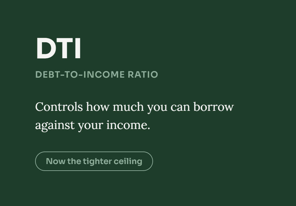 Dark green infographic on DTI debt-to-income ratio, saying it controls borrowing against income and notes now the tighter ceiling.