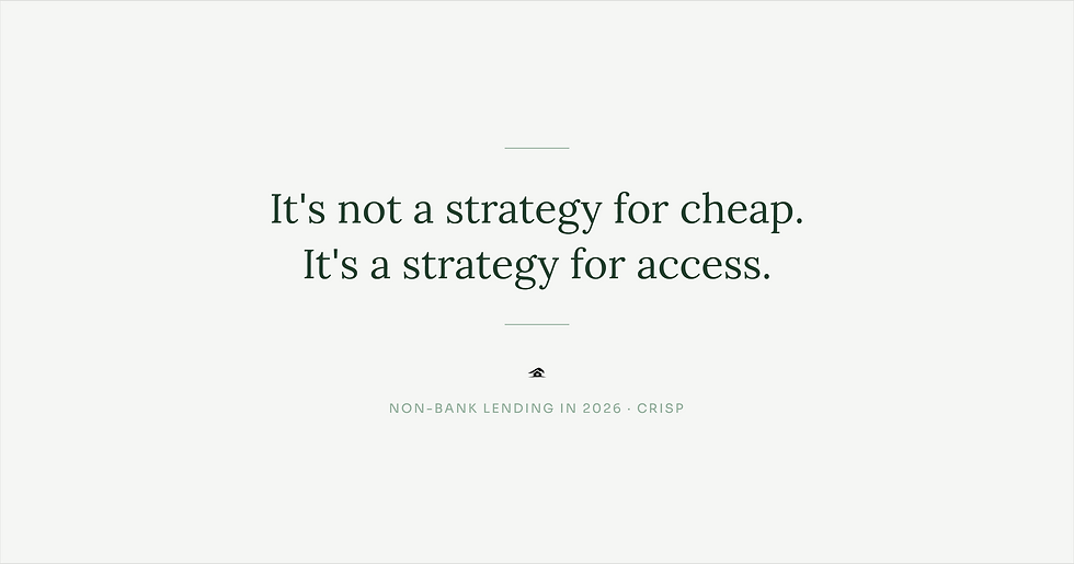 White slide with green text: It’s not a strategy for cheap. It’s a strategy for access. Non-bank lending in 2026 · Crisp.