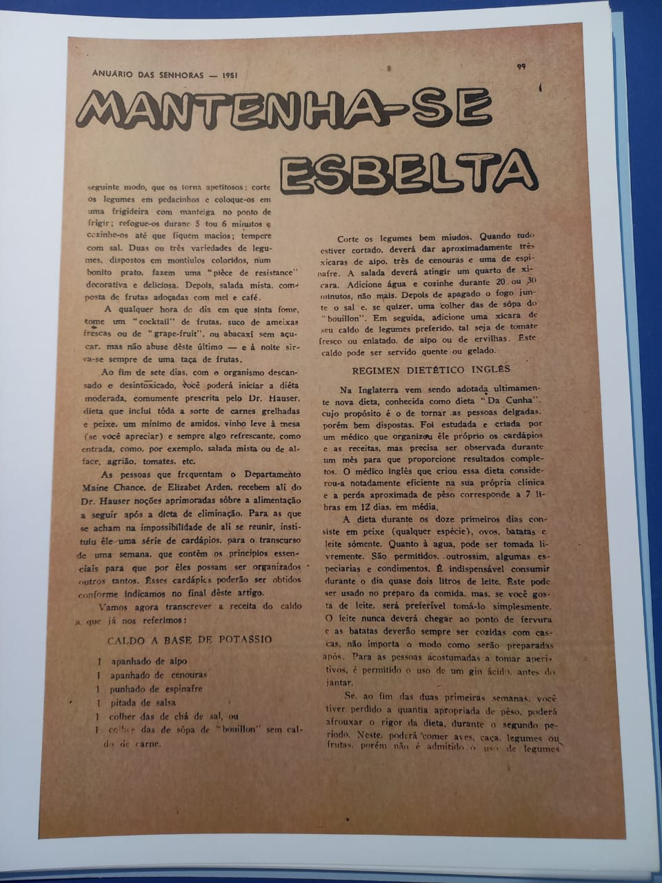 Anuário das senhoras — (1951). Página que reflete o contexto de padrões estéticos impostos às mulheres. Na imagem, vemos orientações dietéticas e a valorização do corpo magro como ideal a ser perseguido.
