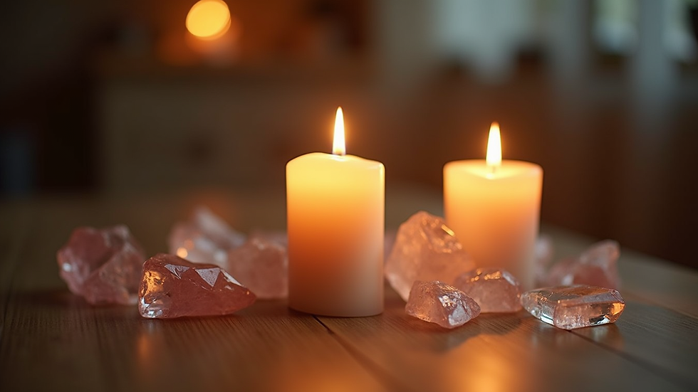 Eye-level view of a lit candle and crystals arranged on a wooden table