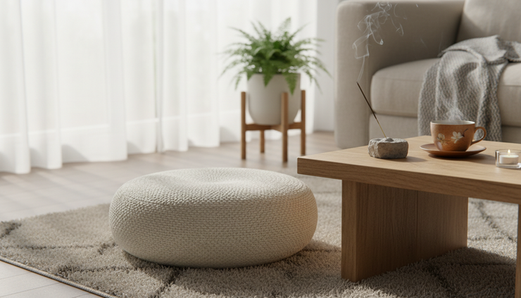 Eye-level view of a meditation cushion beside a low table with incense burning.