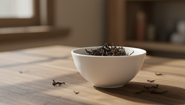 Close-up view of tea leaves settled inside a white cup.