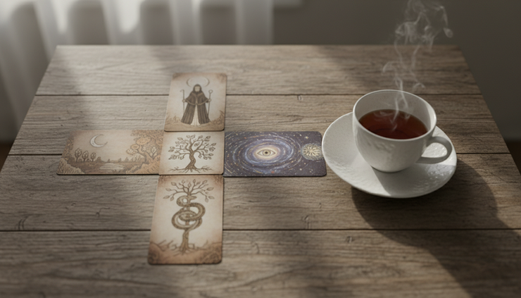 Overhead view of tarot cards arranged beside a cup of tea.