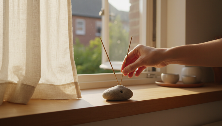 Close-up of a hand placing a short incense stick into a stone holder beside an open window.