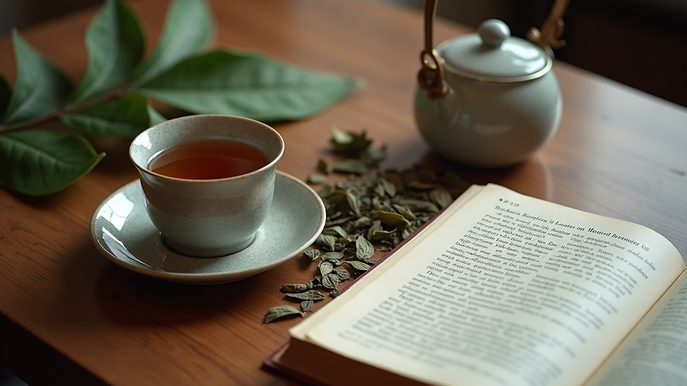High angle view of a tea set with loose leaves and a reading guidebook