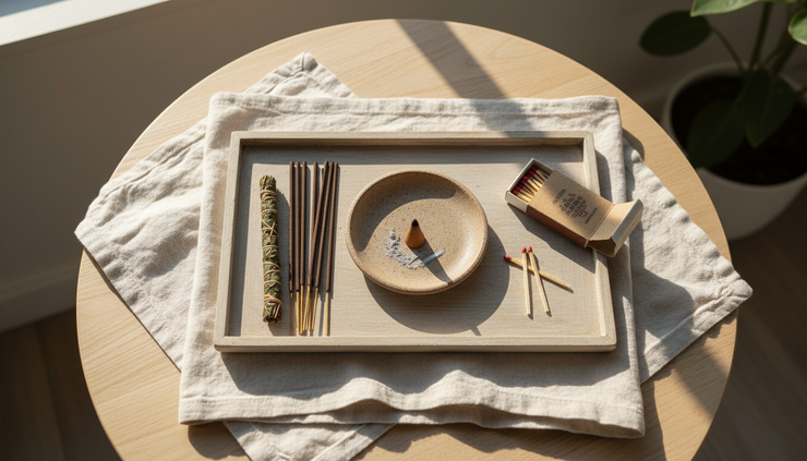 Overhead view of incense sticks, matches, and a ceramic ash catcher on a wooden tray.