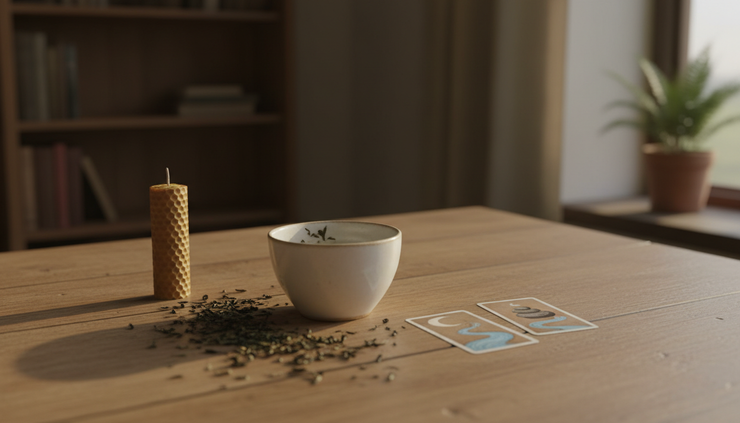 Wide-angle view of a quiet tea table with tarot cards and a candle.