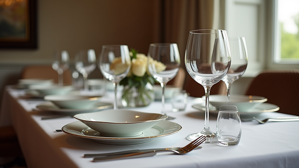 Close-up of a private dining table set elegantly with fine china and crystal glasses