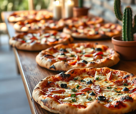 crispy burnt crust pizza, catering lots of pizza lined up, with rustic cactus decor.jpg