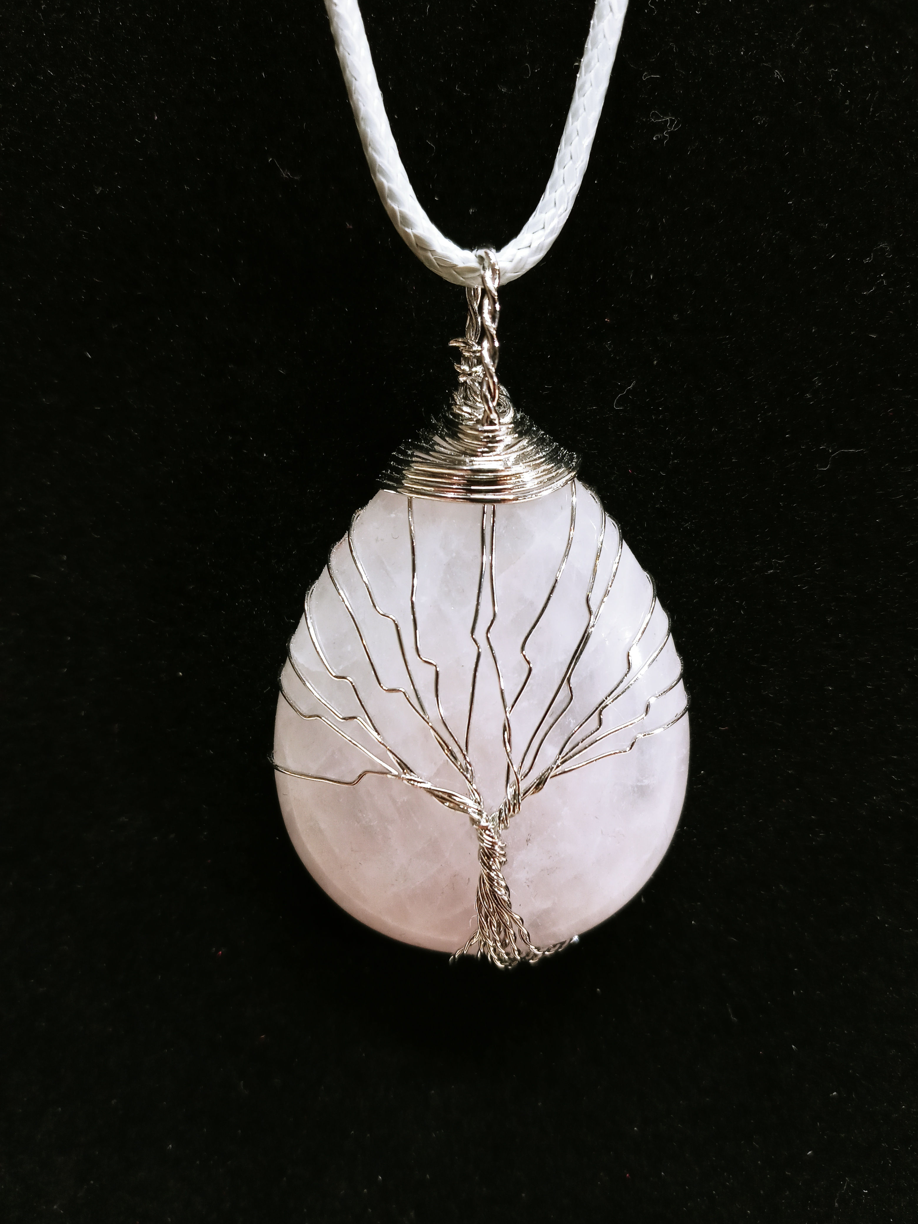 Wire wrapped rose quartz tree necklace