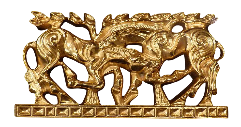 Intricate scythian gold plaque showing stags battling